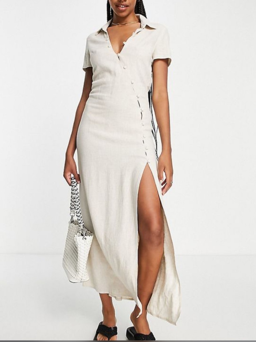 ASOS Cream Button-Detail Collared Midi Dress